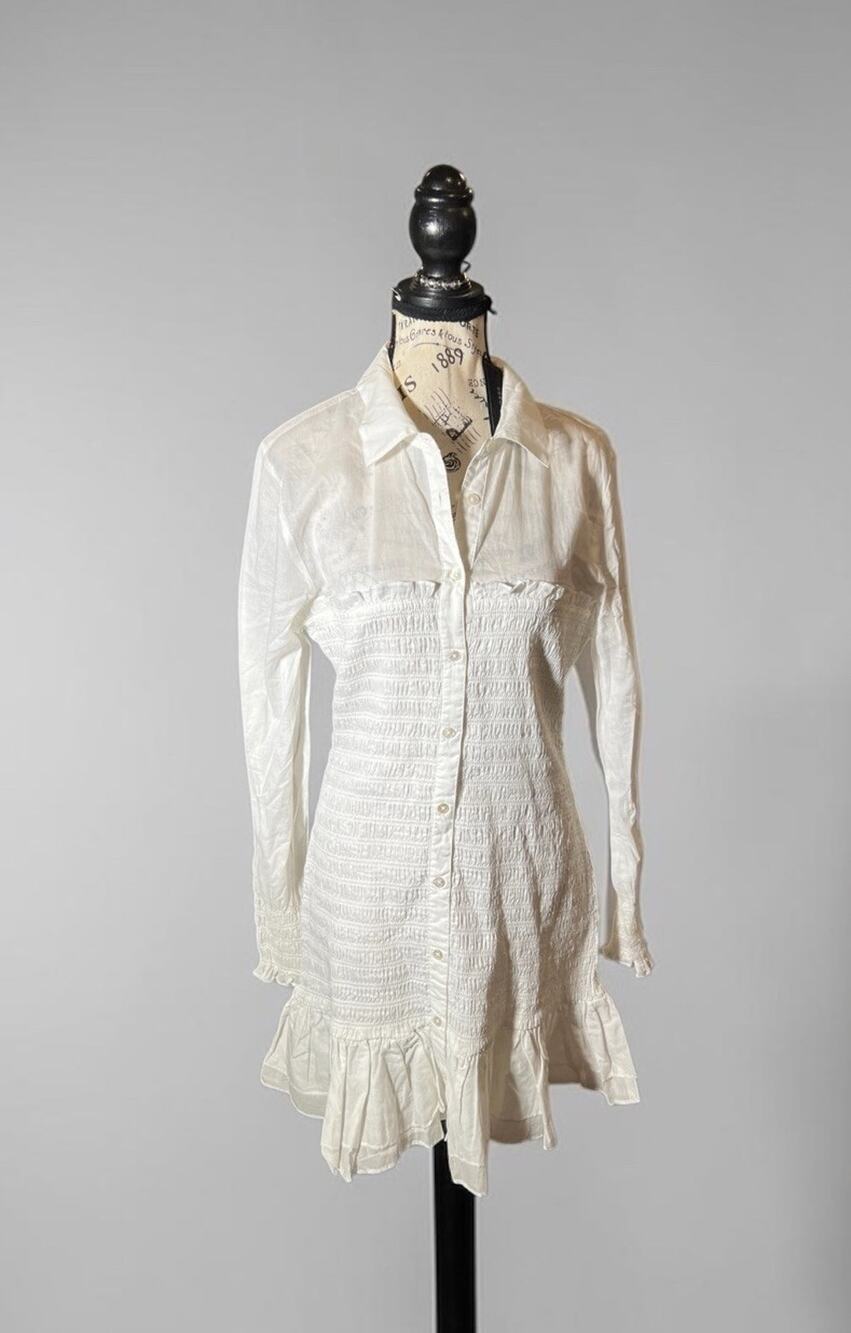 Veronica Beard Kelsey Smocked Shirt Dress White Long Sleeve Mini Size 10 NEW